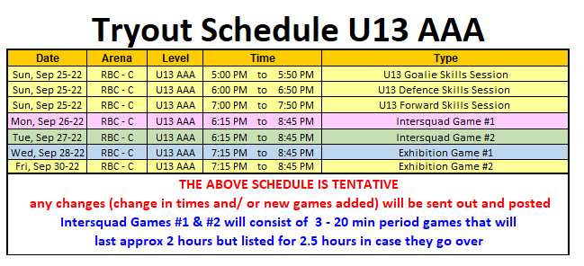 u13 AAA Schedule as of Sept 19