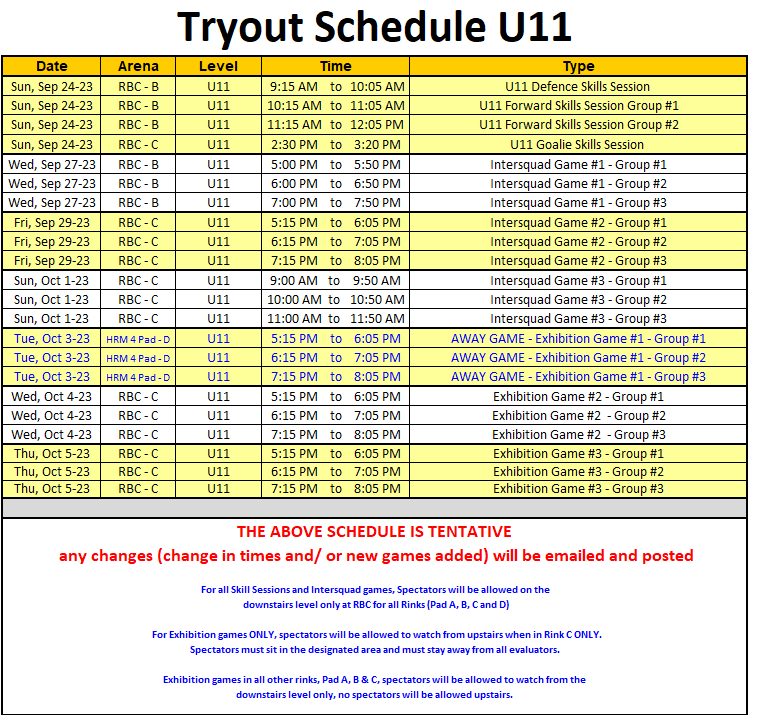 U11 Tryout Schedule - Ver Sept 14