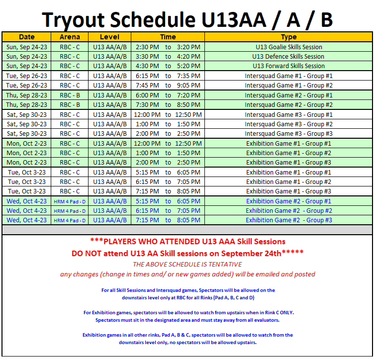 U13 AA Tryout Schedule - Ver Sept 14