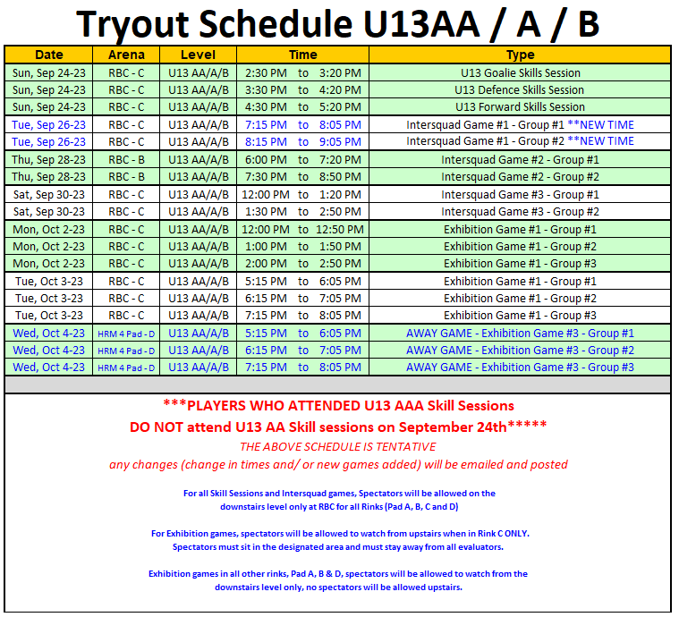 U13 AA Tryout Schedule - Ver sept 22