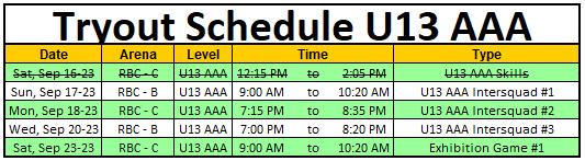 U13 AAA schedule as of Sept 17