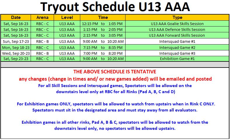U13 AAA Tryout Schedule - Ver Sept 10