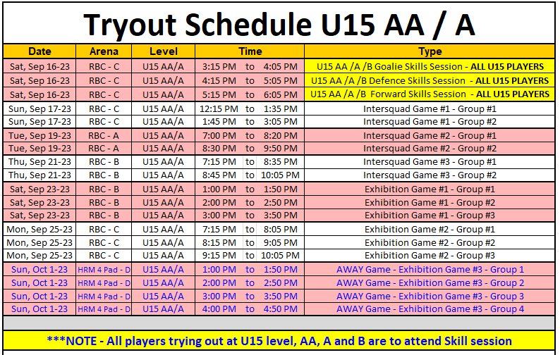 U15 AA Tryout Schedule - Ver Sept 12